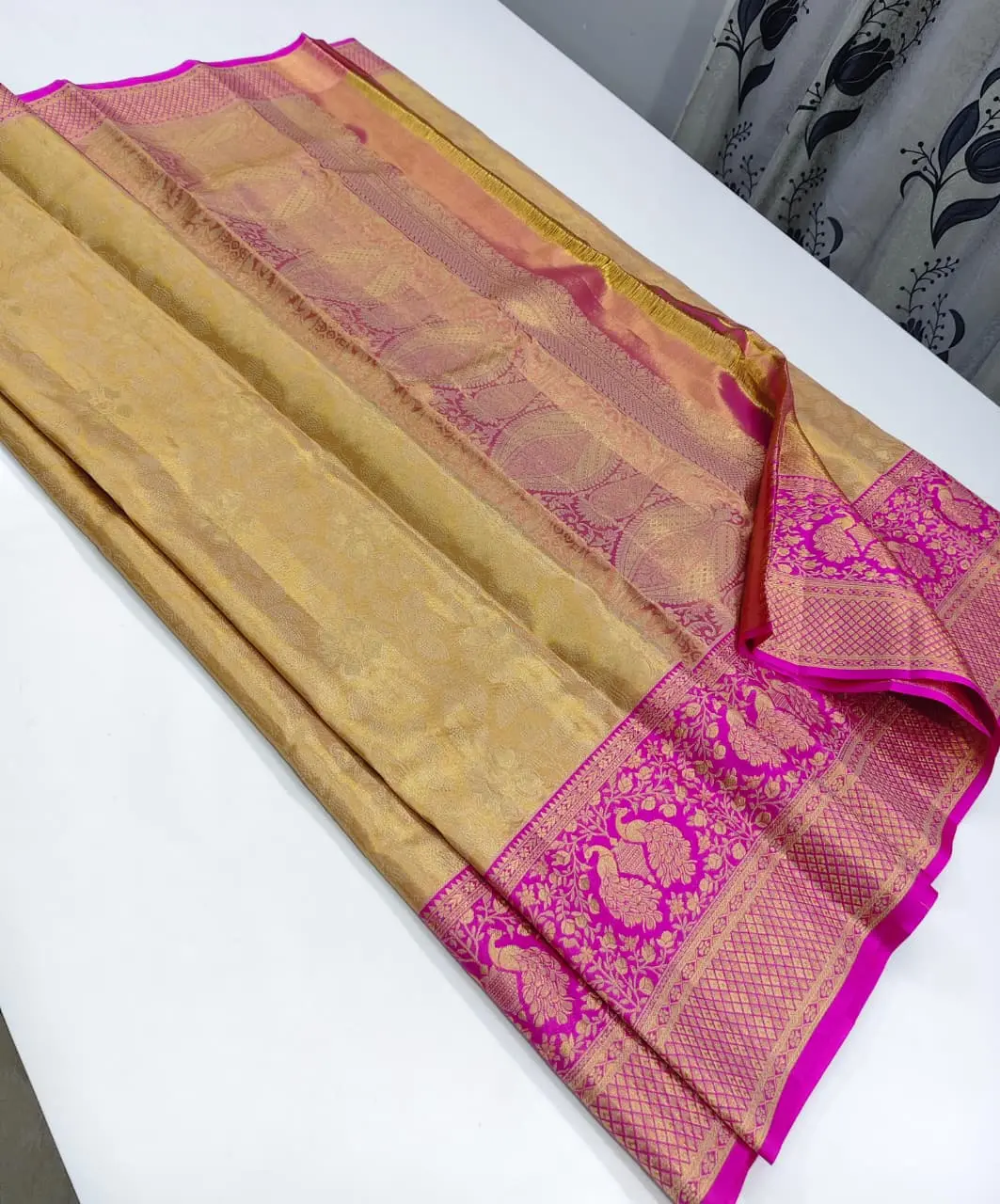 Gold with Rani Pink border Zari Kanchipuram Silk Saree